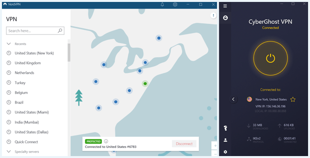 NordVPN and CyberGhost VPN client software side by side