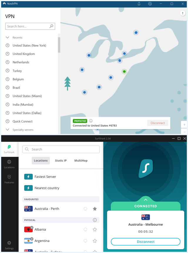 NordVPN and Surfshark VPN client software side by side