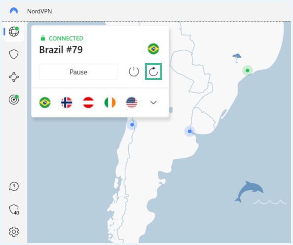 NordVPN software connected to a Brazilian server with the Refresh button highlighted