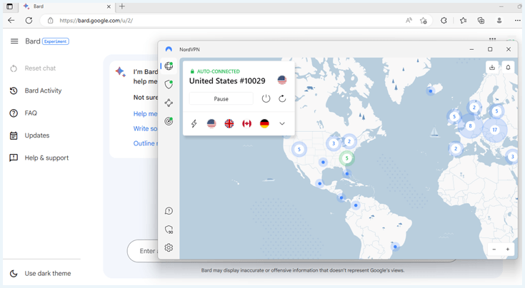 NordVPN app next to a working version of Google Bard