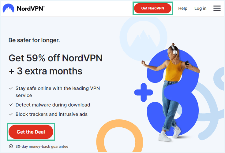 Homepage of the NordVPN website with the buttons to Get the NordVPN deal highlighted