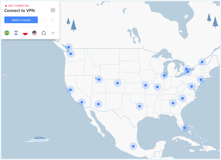 NordVPN software showing the map of the US