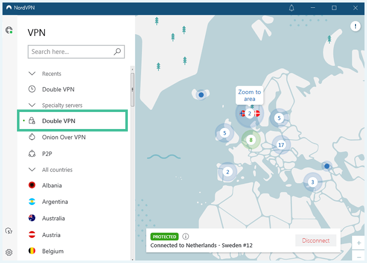 Screenshot of NordVPN, Multi-Hop