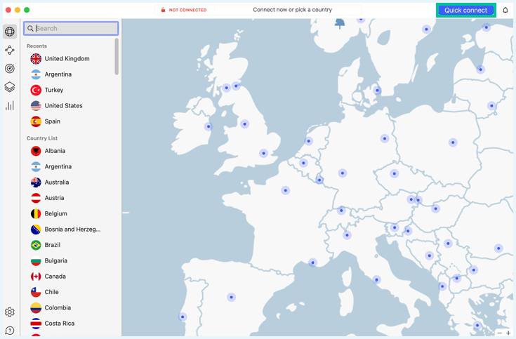 NordVPN app with the Quick Connect button highlighted