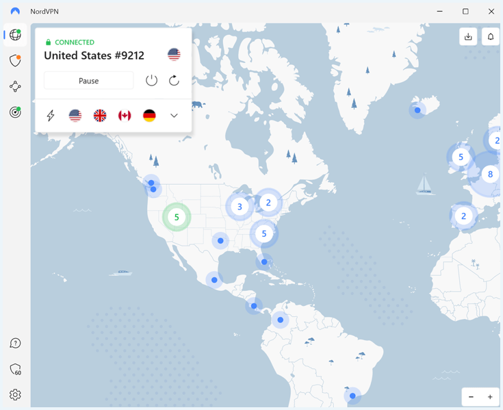 NordVPN software connected to a server in the United States