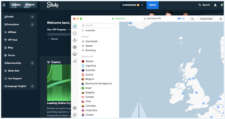 NordVPN connected to a Brazilian server with a working Stake Casino website in the background