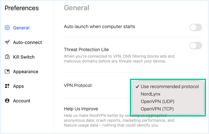 NordVPN general settings with the various VPN providers highlighted