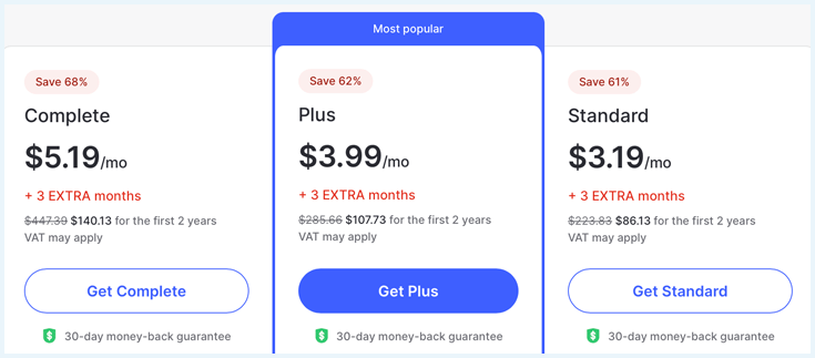 Subscriptions with price in USD as listed on the NordVPN website