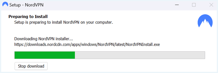 NordVPN isntaller showing a progress bar