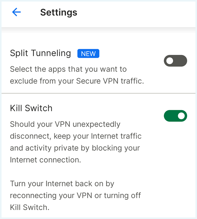 Screenshot of Norton Secure VPN, settings