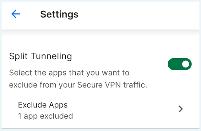 Screenshot of Norton Secure VPN, Split Tunneling option