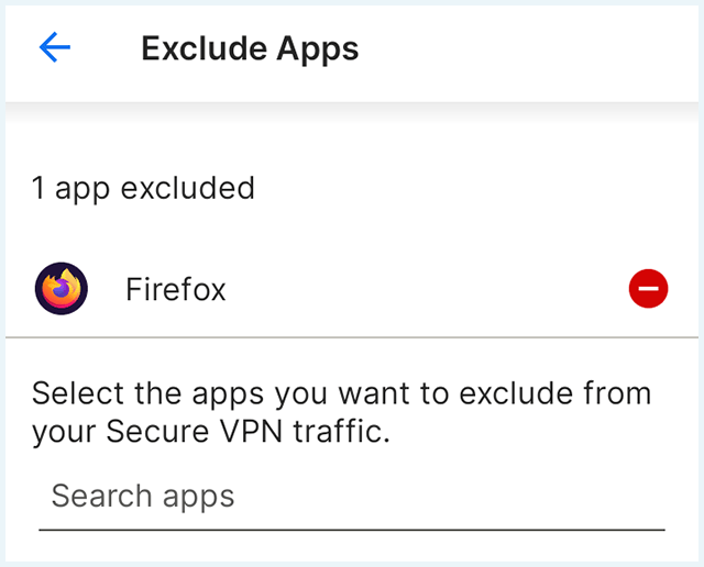 Screenshot of Norton Secure VPN, Split tunneling, Excluded apps