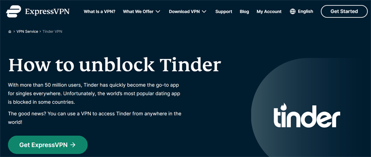 Screenshot of ExpressVPN's homepage on unblocking Tinder