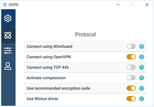 screenshot OVPN VPN protocols in app