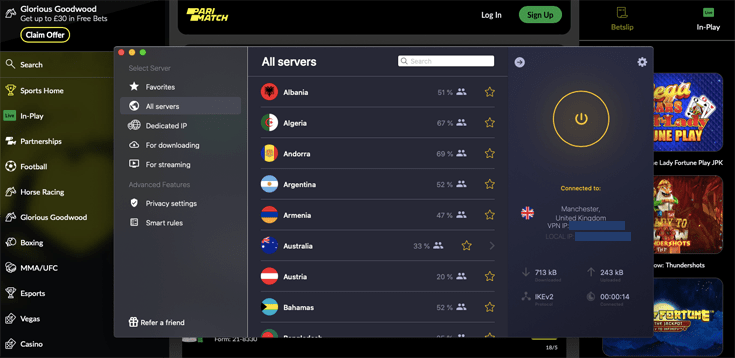 CyberGhost connected to a VPN server in the United Kingdom with Parimatch working in the background