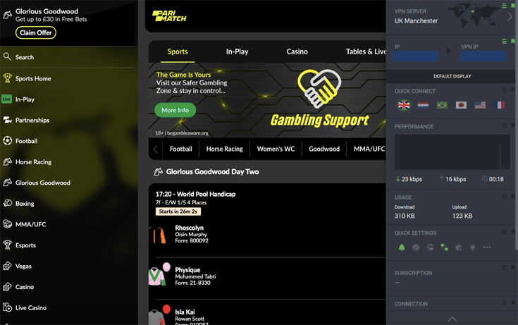 PIA connected to a VPN server in the United Kingdom with Parimatch working in the background