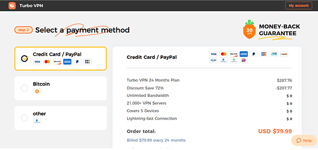 Screenshot of Turbo VPN, payment method