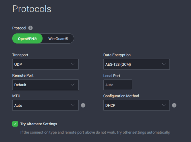 Screenshot of PIA, protocols