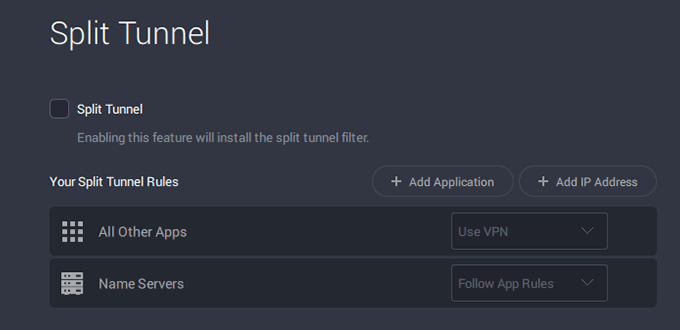 Screenshot of PIA, split tunnel
