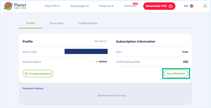 Account detail page of Planet VPN with the Buy PREMIUM button highlighted