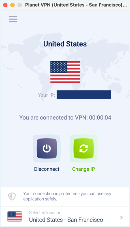 Planet VPN app connected to a server in the US