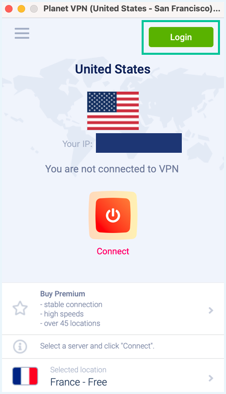 Homescreen of the app Planet VPN with the Login button highlighted