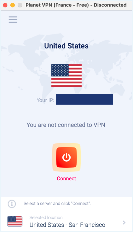 Homescreen of the Planet VPN app where the VPN is not connected