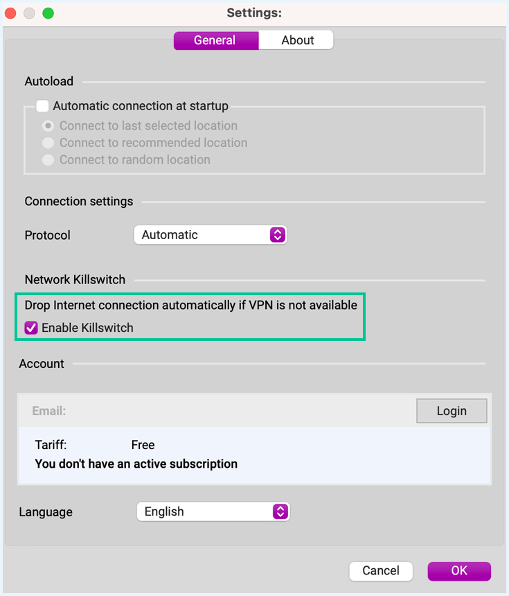 Settings in the Planet VPN app with the Kill Switch option highlighted