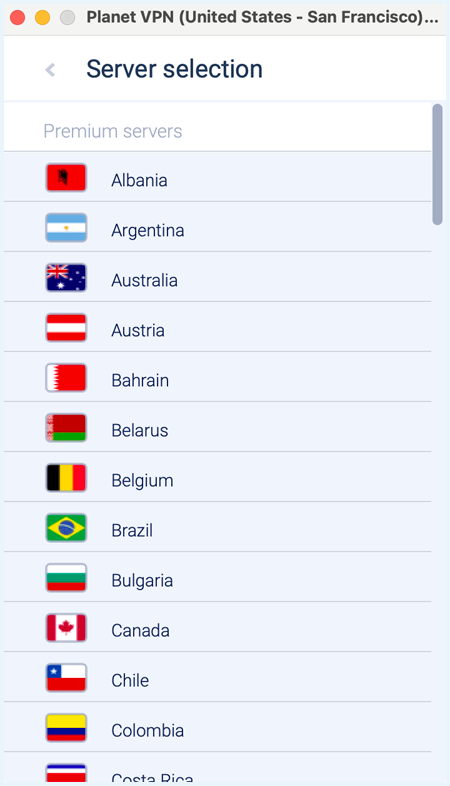 Servers as listed in the app of Planet VPN