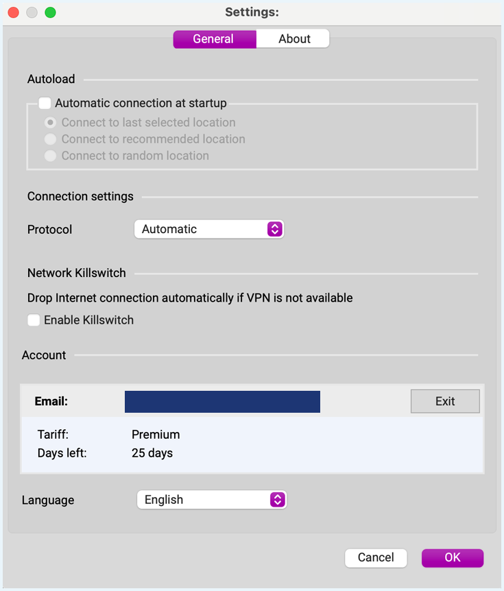 Settings screen of Planet VPN