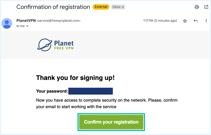 Confirmation of Registration mail sent by Planet VPN with the Confirm your registration button highlighted