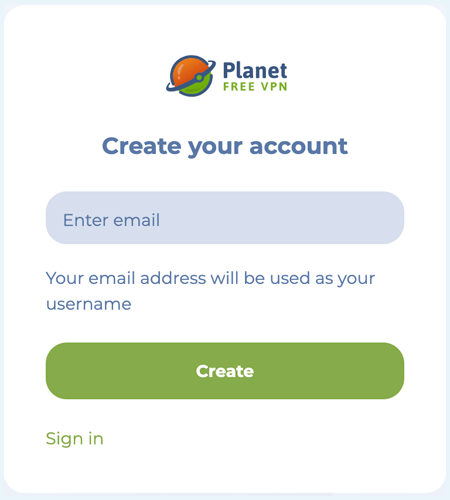 Form to create an account with Planet VPN