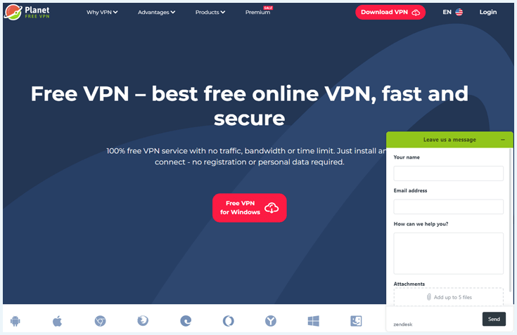 Homepage of the website of Planet VPN with the help form expanded