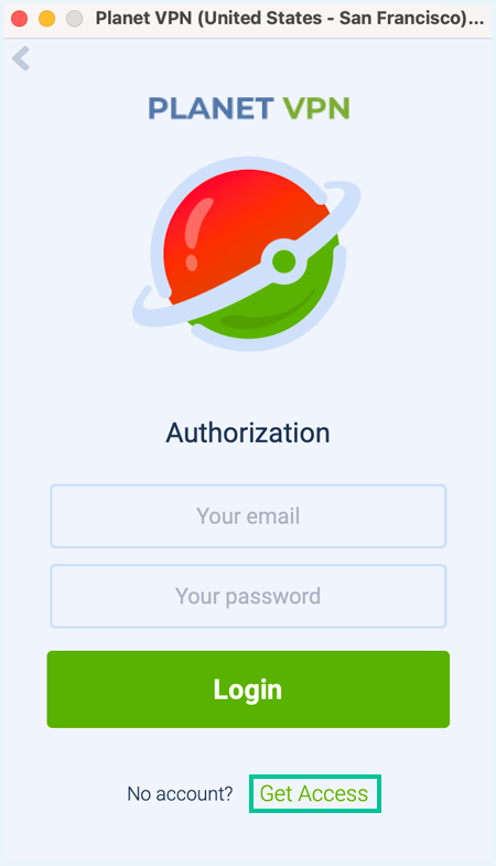 Login screen of Planet VPN with the link Get Access highlighted