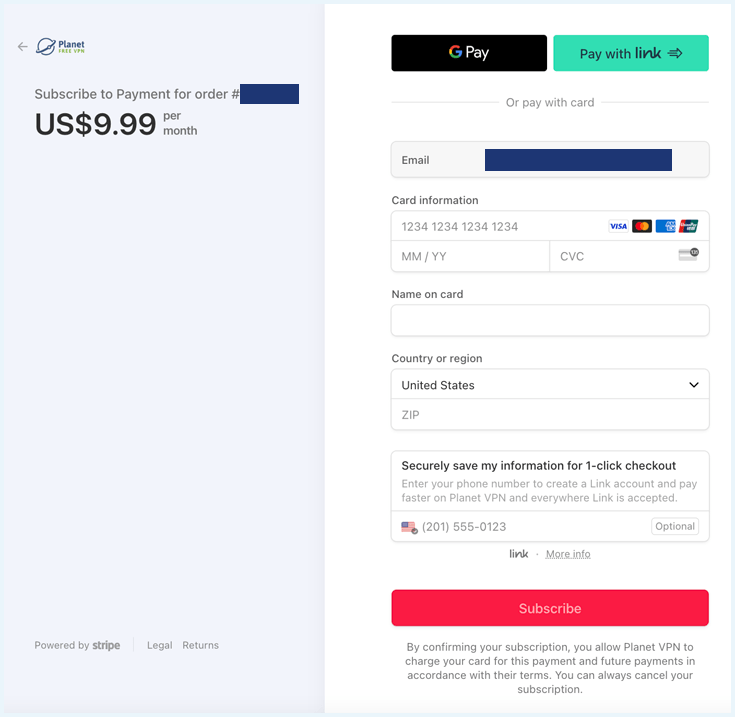 Payment page on the Planet VPN website