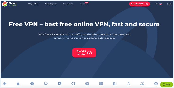 Homepage of the Planet VPN website