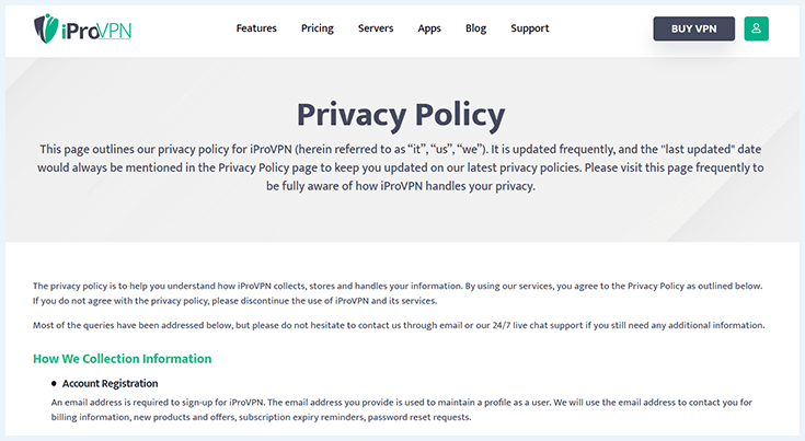 Screenshot of iProVPN, privacy policy