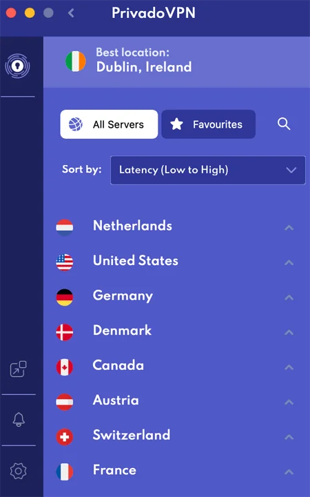 Server list of PrivadoVPN's app