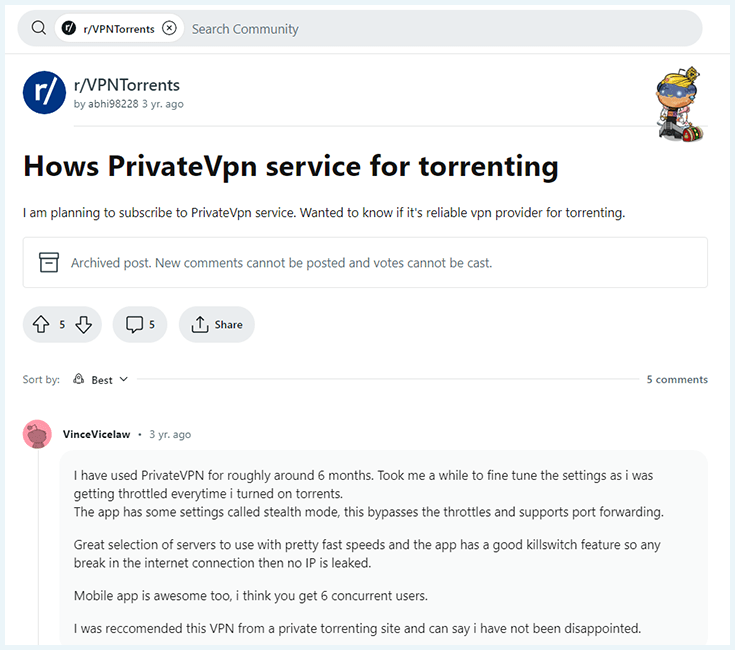 Screenshot of Reddit, PrivateVPN review abhi98228