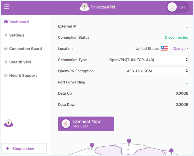 PrivateVPN's app advanced view