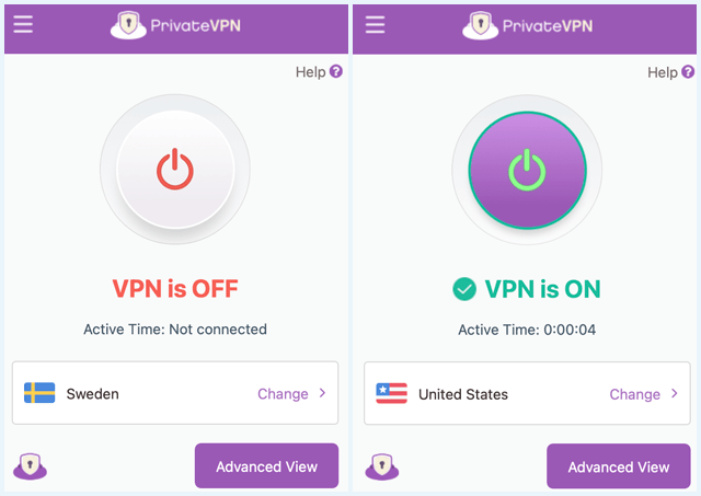 Two screenshots, one of the PrivateVPN app with the VPN turned on and one with the VPN turned off