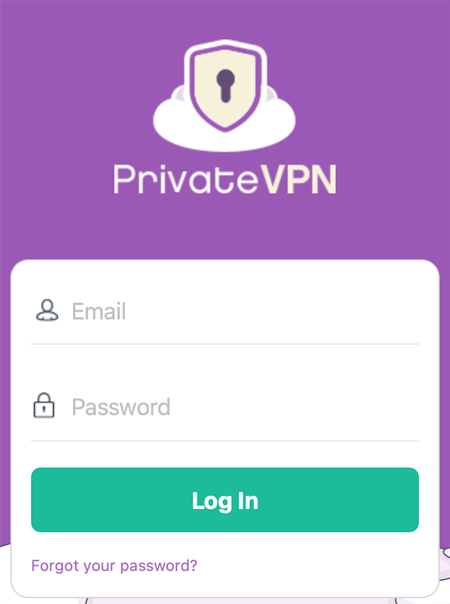 Login screen of the PrivateVPN app