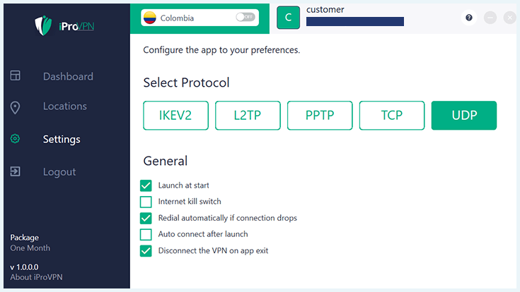 Screenshot of iProVPN, protocols