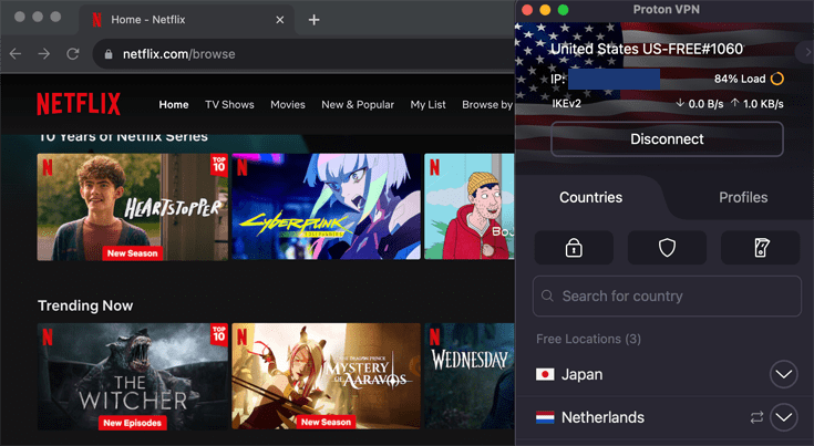 Proton VPN connected to a VPN server in the United States with Netflix working in the background