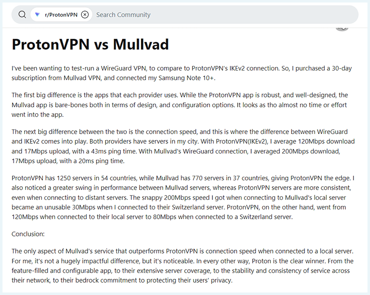 Screenshot of Reddit, ProtonVPN review SLCW718