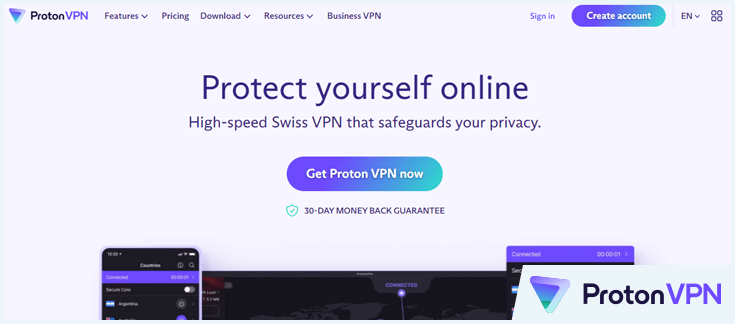 ProtonVPN homepage with logo