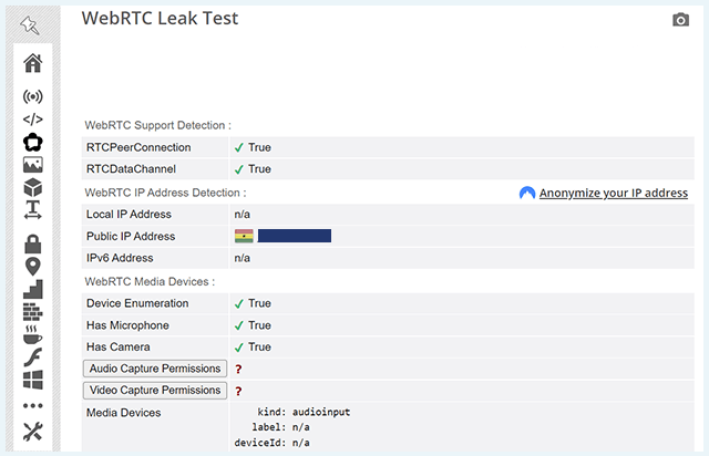 Screenshot of Psiphon VPN, WebRTC leak test