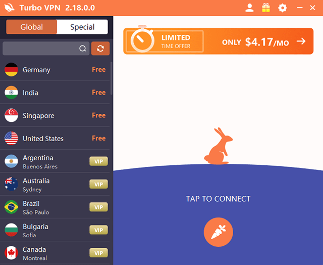 Screenshot of Turbo VPN, Quick connect