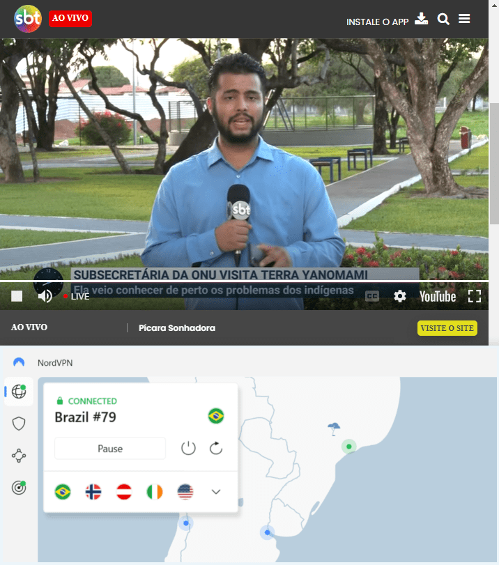 SBT website showing a livestream next to the NordVPN server connected to a Brazilian server