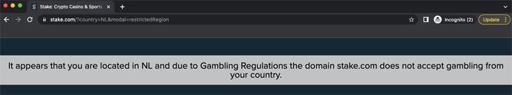 Message that Stake Casino is blocked in your region